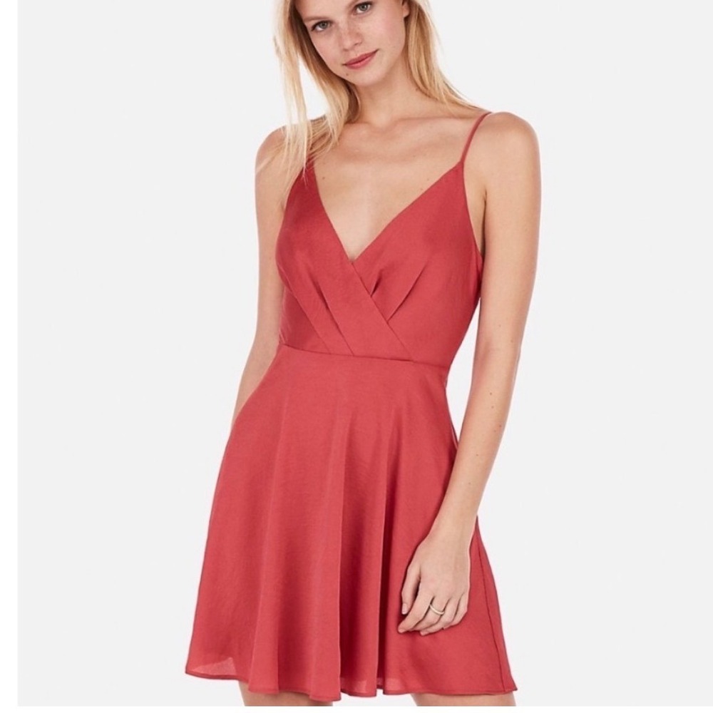 Express Babydoll Fit and Flare Mini Dress Surplice V-Neck Spaghetti Strap XS Red